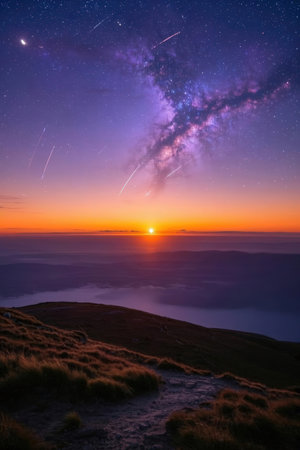 Milky Way over the Carpathian Mountains at sunset, Ukraineの素材