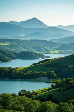 beautiful landscape with lake and mountains in the background. Tuscany, Italyの素材