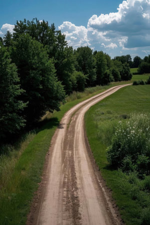 Rural dirt road through the fields and forests in the summer.の素材