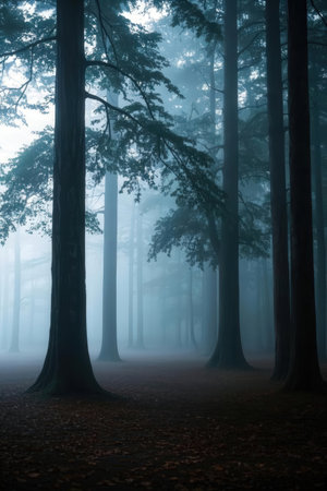 Foggy forest with trees in the foreground and a trail in the backgroundの素材