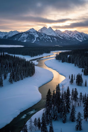 Mountain river at sunset, Jasper National Park, Alberta, Canadaの素材