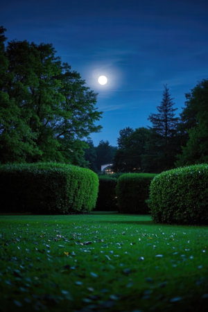 Full moon over the green garden at night. Landscape photography.の素材