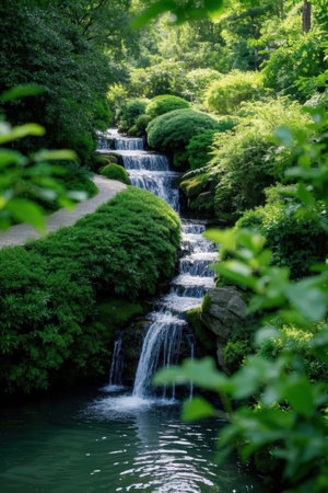 Waterfall in the Japanese garden with green trees and bushes. Summer landscape.の素材
