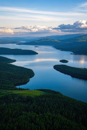 Aerial view of lake in the mountains at sunset. Russia.の素材