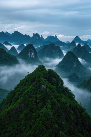 Mountain landscape with fog in Yangshuo Guilin, Chinaの素材