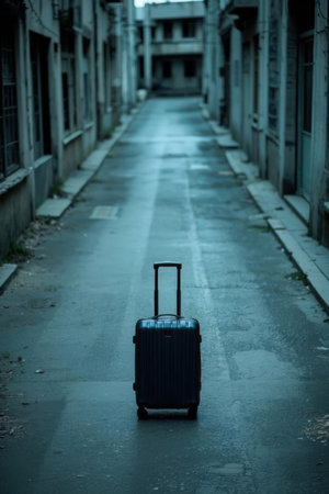 Luggage on the street in the evening. Concept of travel.の素材