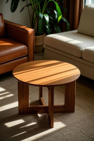 Wooden coffee table in the living room with sofa and plant.の素材