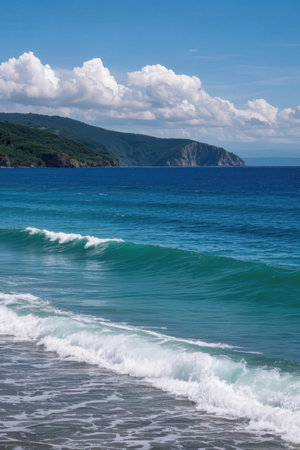 Beautiful seascape with waves on the beach. Crimea, Ukraineの素材