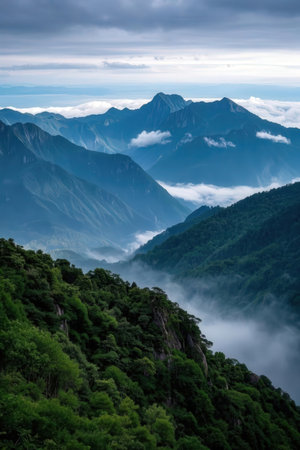 Mountain landscape with fog and clouds in Huangshan, Chinaの素材