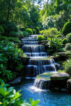 Beautiful waterfall in the Japanese garden with green trees and plants.の素材