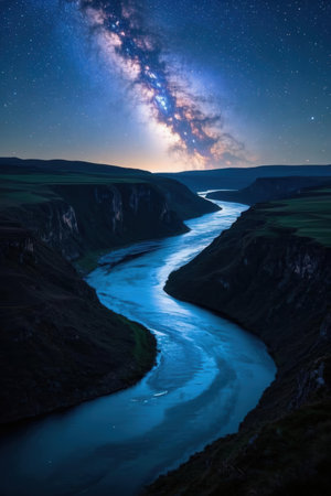 Milky Way over the river Gullfoss in Iceland.の素材