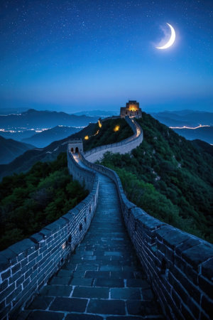 Majestic Great Wall of China at nightfall with moonlight and starsの素材
