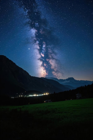 Milky Way over the Swiss Alps. Long exposure photograph with grainの素材