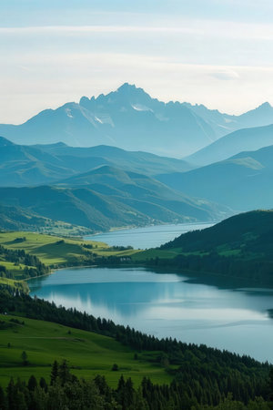 Beautiful alpine landscape with lake and mountains in background, Switzerlandの素材