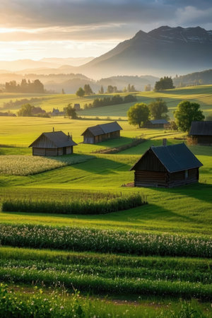 Sunrise over the village and meadow in the morning, Switzerlandの素材