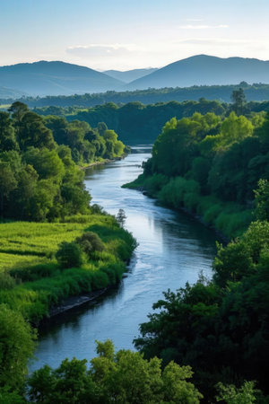 Beautiful summer landscape with the river and mountains in the background.の素材