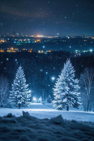 Winter night in the mountains. Beautiful winter landscape with snowy trees and city lights.の素材