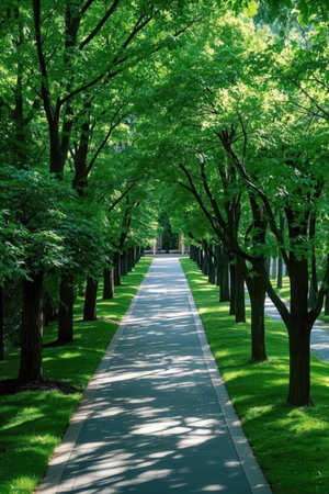 Beautiful green alley in the park with trees and grass in summerの素材