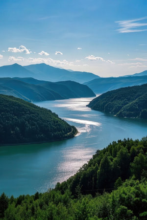 Landscape view of the Vacha (Antonivanovtsi) Reservoir, Rhodope Mountains, Bulgariaの素材