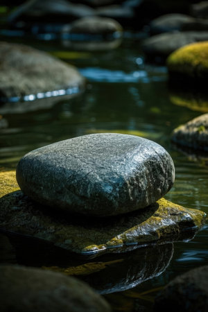 Pebbles in the water of a Japanese garden with green mossの素材