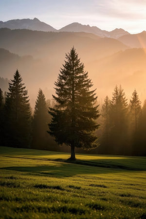 Beautiful sunrise in the Dolomites with a lone pine treeの素材