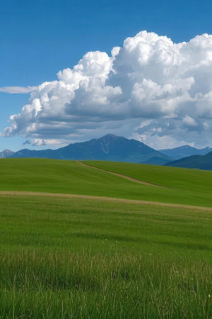 Green field with blue sky and mountains in the background, Russia.の素材