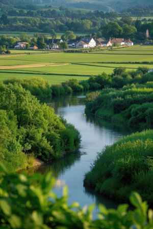 river and village in the countryside in summer, photo as a backgroundの素材