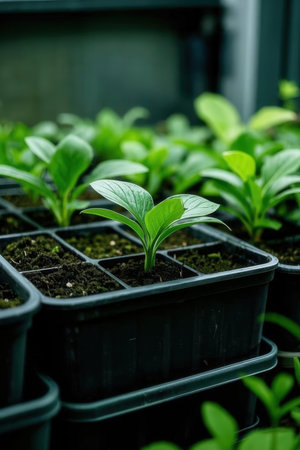Green seedling in black plastic pots, selective focus on the leavesの素材
