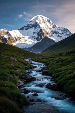 Mountain landscape with river and snow in Cordillera Blanca, Peruの素材