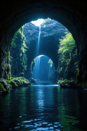 Waterfall in the cave. Waterfall in the gorge. Beautiful natural landscape.の素材