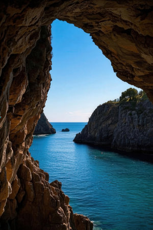 View from the cave on the sea and blue sky, Crimea, Ukraineの素材