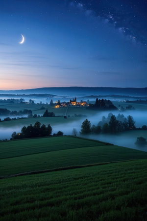 Beautiful night landscape with castle in the fog. Carpathians, Ukraineの素材