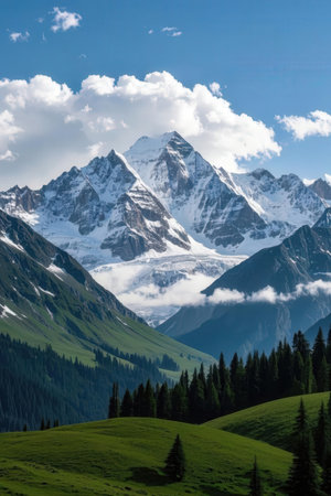 Mountain landscape with snow-capped peaks of the Caucasus Mountainsの素材
