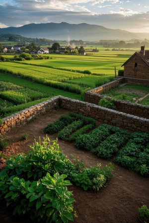 landscape of rice fields and village in chiangmai Thailandの素材