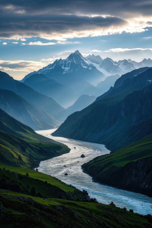 Mountain landscape with a river in the foreground, Switzerland, Europeの素材