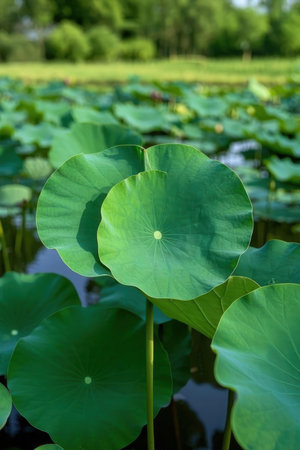Lotus leaf in the pond with green lotus leaf background.の素材