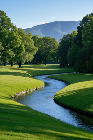 River in the park on a sunny day. Spring landscape with green grass and trees.の素材