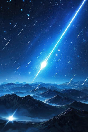 Fantastic starry sky with glowing comet over snowy mountain peaksの素材