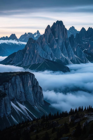 Foggy morning in Dolomites mountains, Italy, Europeの素材