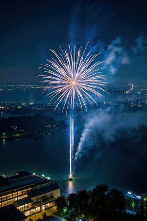 Colorful fireworks over Danube river in Brno, Czech Republicの素材