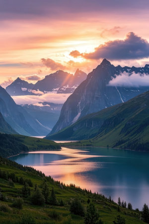 Beautiful alpine lake in the mountains at sunset, Switzerland.の素材