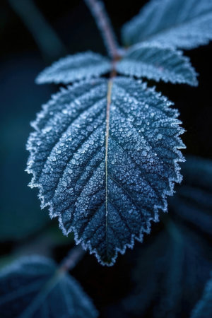 Close-up of a leaf covered with hoarfrost on a dark backgroundの素材