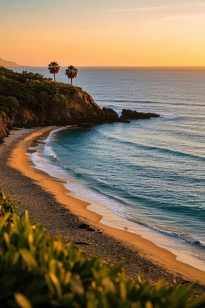 Beautiful sunset at the beach with palm trees in the foreground.の素材