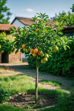 Plum tree with ripe yellow plums in the orchard.の素材