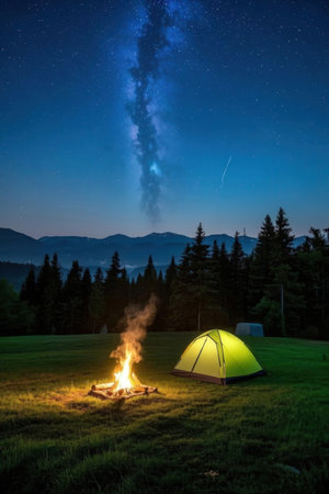 Camping in the Carpathian mountains at night, Ukraine.の素材