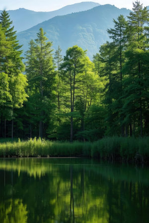 Landscape view of a lake in the middle of the forest.の素材