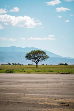 Lonely tree on the road in Serengeti National Park, Tanzaniaの素材