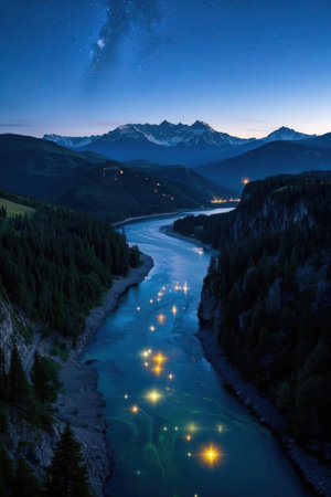 Milky way over the mountain river at night. Landscape.の素材