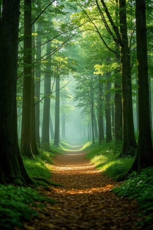 Path in the green forest with sunbeams passing through the treesの素材