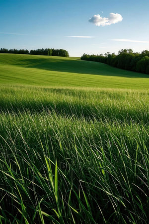 Beautiful summer landscape with green meadow and blue sky in Polandの素材